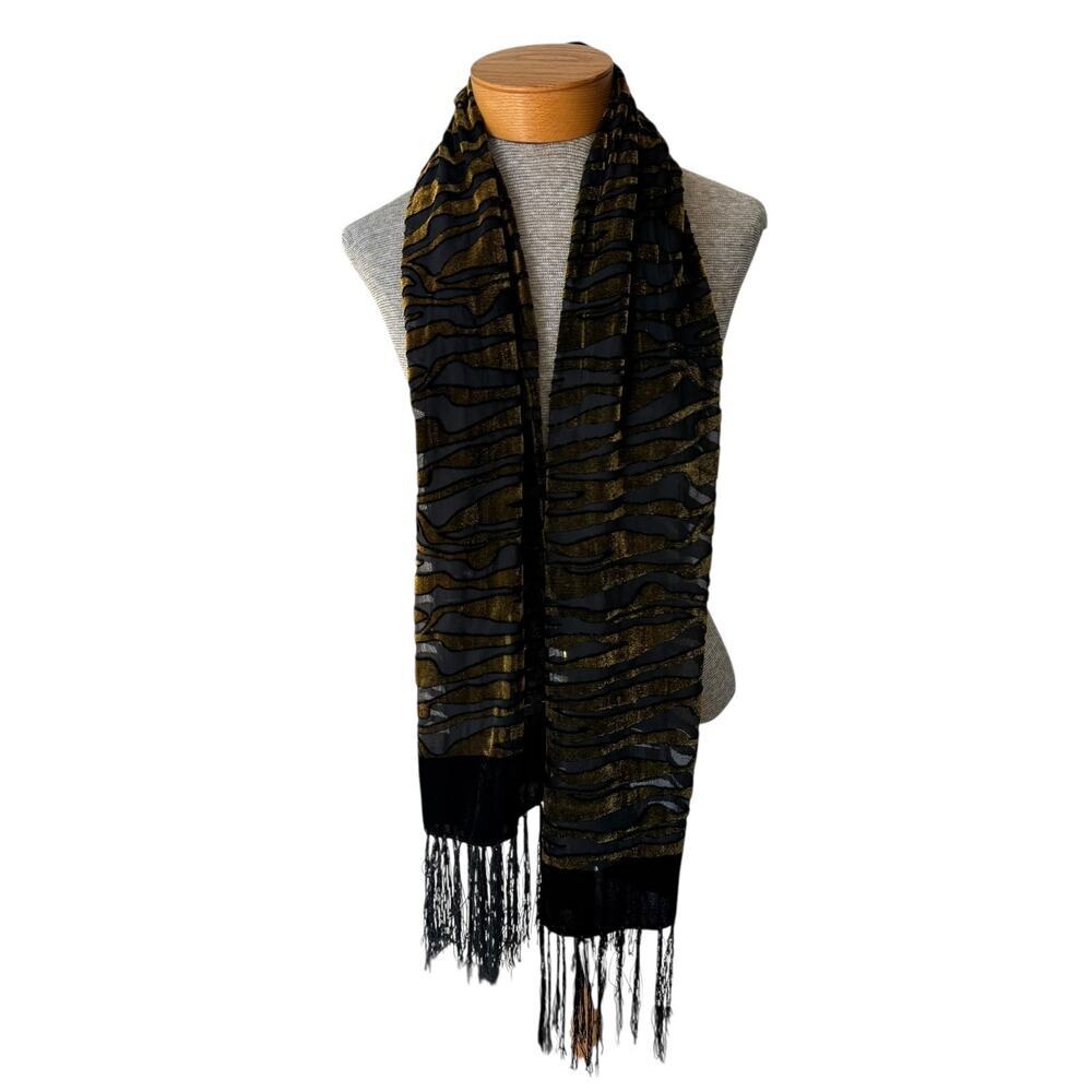 Rikka Scarf Womens 62" x 20" Green Black Velvet Brocaded Zebra Fringe Sheer